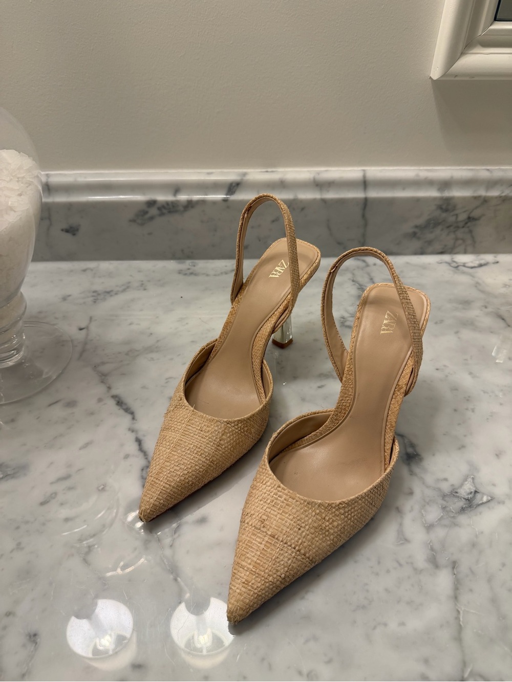 Zara Pointed Slingback Heels in Natural Raffia